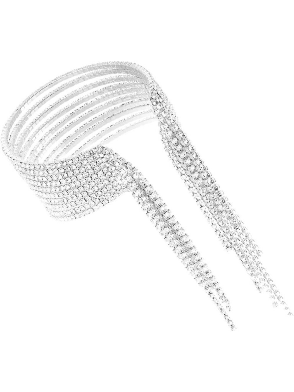 Multi-Strand Crystal Rhinestone Fringe Cuff Bracelet - Flexible Wire Design